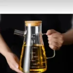 1 Adet 900 ml Bambu Kapaklı Vakumlu Borosilikat Cam Yağlık Sirkelik Borosilikat
